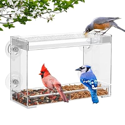 Window Bird Feeder, Clear Birdfeeder with Strong Suction Cups, Large Viewing Window Feeder with Large Capacity Detachable Seed & Water Tray