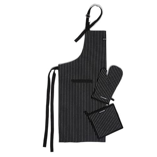 Image of Encasa XO 100% Cotton Apron Set for Women & Men with Adjustable Apron, Oven Gloves & Pot Holder (Pack of 3) Combo, Heat-Resistant, Soft & Durable for Cooking, Baking & Grilling (Butcher Stripes Black)
