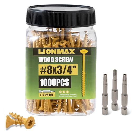 Image of LIONMAX Deck Screws 3 /4 Inch, Wood Screws #8 x 3 /4 inch, 1000 PCS, Rust Resistant, Exterior Epoxy Coated, Outdoor Decking Screws, Torx /Star Drive Head Screw, T25 Star Bit Included, Tan