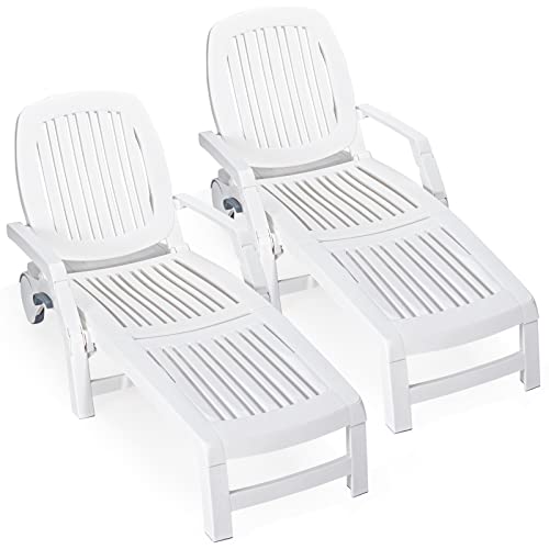 Costway 2PCS Outdoor Chaise Lounge Chair, 5-Position Adjustable Recliner with Storage Box and Flexible Wheels, All-Weather Folding Patio Lounge Chair for Poolside, Beach and Backyard, White (2)