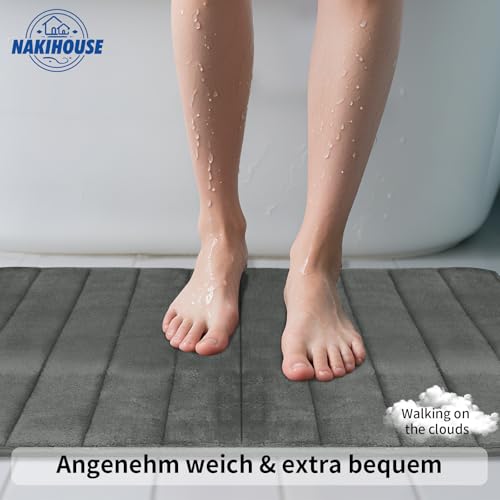 NAKIHOUSE Badematte Set 3-teilig aus Memory Foam, rutschfest & Saugfähig, Waschbar, Weich & Schnell Trocknend, Badezimmerteppich für Dusche, WC & Badewanne,Dunkelgrau – Bild 4