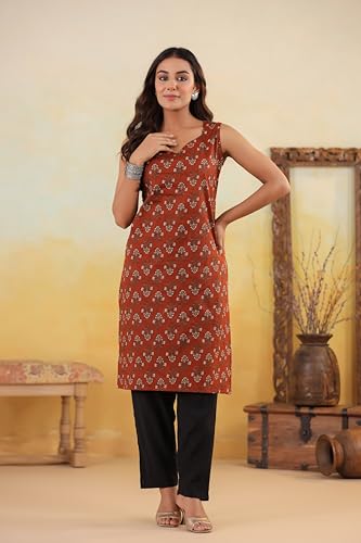 Image of Ichaa Women's Pure Cotton A-Line Sleeveless Round-Neck Ethnic Short Kurta for Daily and Office Wear, in Plus Sizes