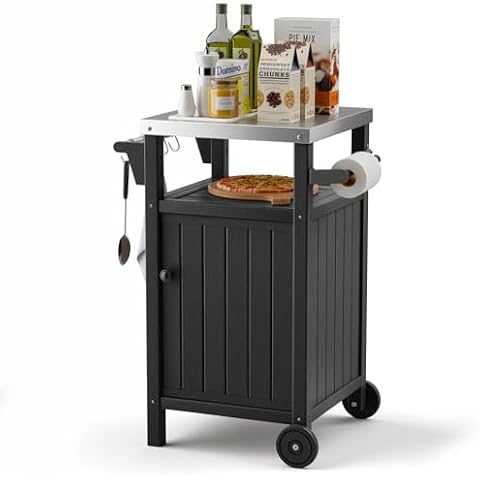 TORVA Portable Outdoor Grill Cart with Storage, Waterproof Outdoor Cabinet for Patio Grill, Stainless-Steel Tabletop Outdoor Kitchen Island, BBQ Cabinet with Wheels, Hooks and Side Shelf | Black Cover