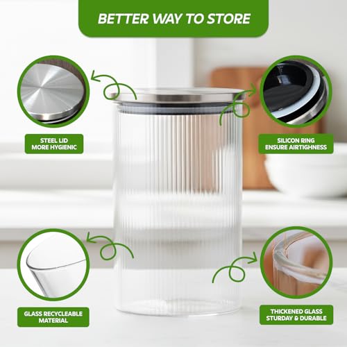 Image of amazon basics Fluted Glass Jars with Stainless Steel Lids, Set of 6, 600ml Decorative Kitchen Storage Containers for Snacks, Spices, Dry Fruits, Tea & Coffee