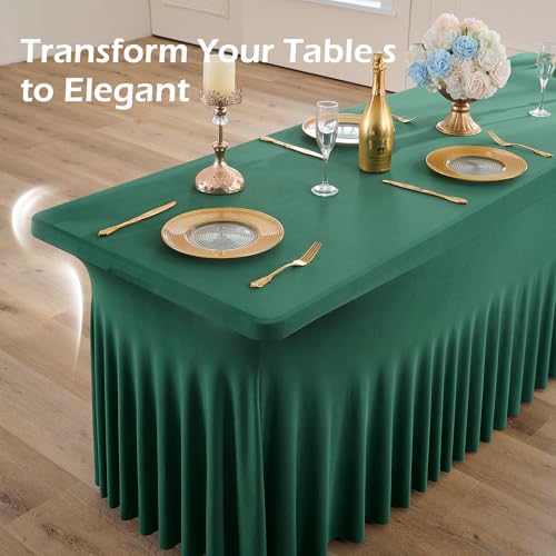 Image of 6 pk Hunter Green Spandex Tablecloth for 6 Foot Rectangle Tables, Wrinkle Free Fitted Spandex Table Covers 6ft Green Stretch Table Cloths with Ruffle Skirt for Parties Weddings Banquet Baby Shower