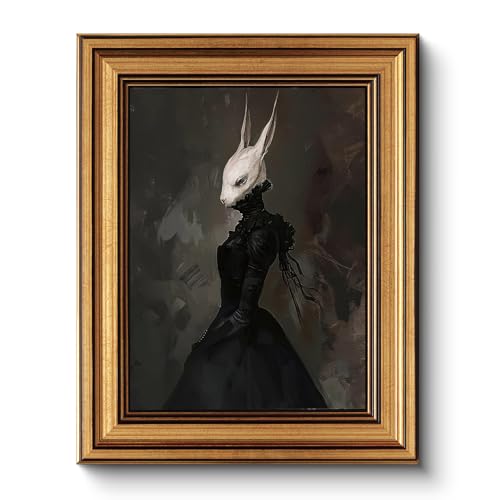 Image of HUARCEY Gold Framed Vintage Wall Art Canvas Prints Gothic Room Decor Vintage Rabbit Lady Wall Decor, Aesthetic Dark Academia Halloween Pictures Oil Painting Goth Decorations 8x10in