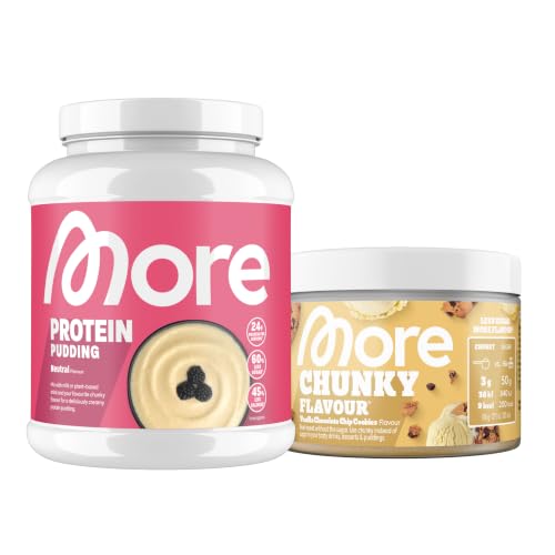 MORE Protein Pudding Neutral 600 g & MORE Chunky Flavour 150 g Vanilla Chocolate Chip Cookie für einen Pudding mit Geschmack weniger Fett und weniger Kalorien