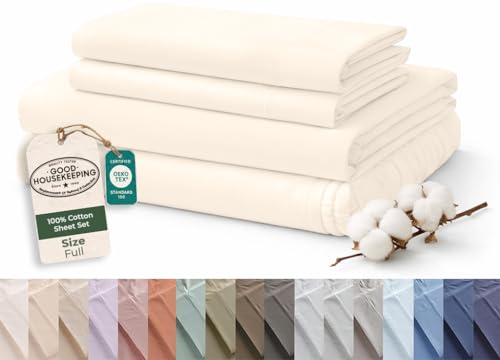 Image of ROYALE LINENS 100% Organic Cotton Full Sheet Set - 16 inch Deep Pocket Bed Sheets - Eco Friendly Cream Bed Sheets - Sabanas Full - 1 Flat, 1 Fitted & 2 Pillowcases - Cream Sheet Set - Cotton Bedding Sets