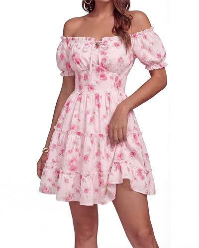Scarlet Darkness Floral Corset Mini Dress Women Teen Summer Off Shoulder Dress Graduation Cute Sundress with Pockets Pink M — view 2