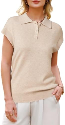 Arach&Cloz Women's Wool Blend Polo Shirts Collar V Neck Cap Sleev...