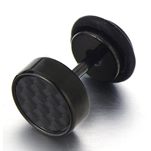 Mens Stud Earrings Stainless Steel Illusion Tunnel Plug Screw Back with Carbon Fiber, 2pcs4