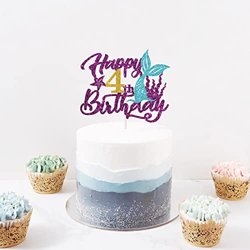 Mermaid Happy 4Th Birthday Cake Topper, Purple Glitter Sea Four Cake Decor, 4Th Birthday Ocean World Theme Party Decorations Party Supplies #TOP4