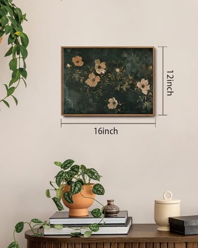 Image of KISSFOX Vintage Dark Green Flowers Framed Wall Art Moody Botanical Floral Canvas Art Summer Rustic Country Paintings Art Prints Modern Farmhouse Pictures Wall Decor For Kitchen Bedroom Girls Room