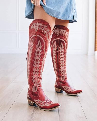 KOKOMOMO Wide Calf Cowboy Boots Women Over The Knee Western Cowgirl Thigh High Boots Embroidered Chunky Heels Adjustable Lace Up Long Country Boot Zip 2 INCH Heel Dress Shoes2