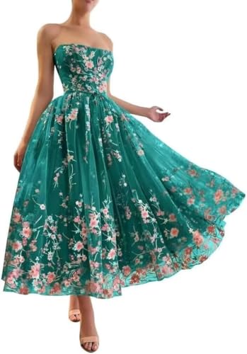 Flower Embroidery Prom Dresses 2024 Tulle Tube Tea Length Ball Gown Long Formal Evening Party Gowns