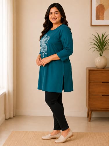 Image of RYSH Women's Plus Size Printed Nightshirt | Round Neck | 3 /4 Sleeve | Relaxed Fit Long Nightwear Top |