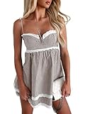 Wenrine Womens Summer Mini Dress Spaghetti Strap Sweetheart Y2K Plaid Lace Trim Tiered Beach Sundress Dresses Brown