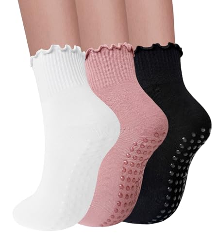 Image of 3 Pairs Pilates Socks with Grips for Women Non Slip Grip Ruffle Yoga Ankle Grippy Socks
