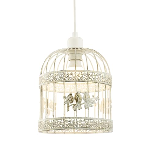 Shabby Chic Brushed Cream and Gold Birdcage Pendant Shade with 3D Flowers and Birds | 23cm x 20cm | for Bedroom Dining Room Lounge etc by Happy Homewares