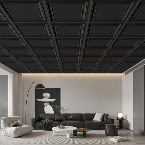 Image of STICKGOO Drop Ceiling Tiles 24x24 PVC Glue Up Ceiling Panel to Prevent Breakage Pack of 12 Tiles Cover 48 Sq. Ft, Black