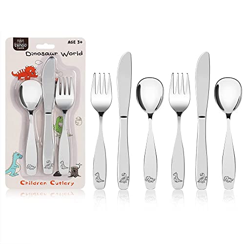 Image of Lehoo Castle Kids Silverware Stainless Steel 6 Piece - Toddler Spoons and Forks Knife Set, Metal Kids Cutlery Set, Toddler Utensils Self Feeding (Dinosaur World)
