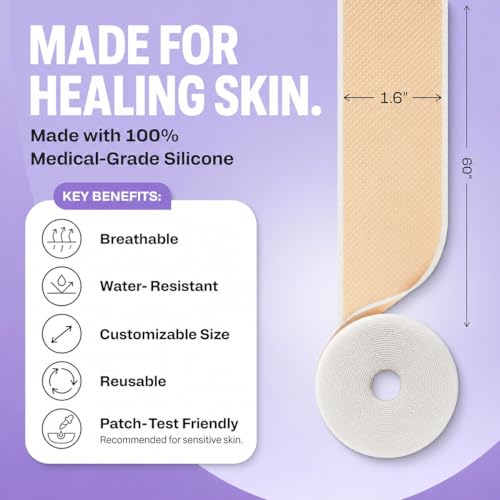 Image of Silicone Scar Sheets for Breast - Reusable Medical Grade Scar Tape for Surgical Scars, C-Section, Face - Waterproof Silicone Patches for Scar Healing and Removal - Precut Strips 60 inch Roll