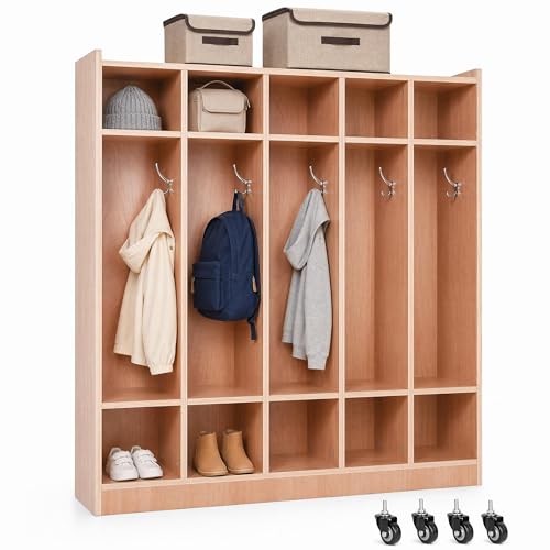 Uneeruiqy Classroom Coat Locker with Cubbies, 5-Section Kids Cubby Storage Organizer with Hooks & Wheels, 10 Cubby Daycare Backpack & Shoe Storage Cabinet for Classroom, Daycare & Home, Natural