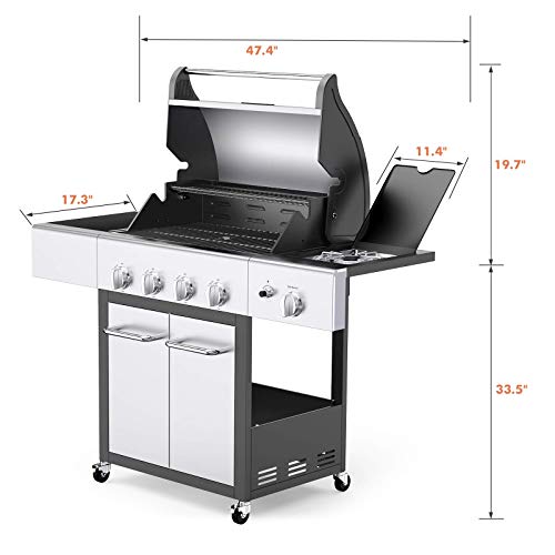 RINKMO Liquid Propane Grill with Side Burner and Hose, 52000 BTU, 4 barbecue, 670 Sq Inch Cooking Area, Cart Style Stainless Steel Tabletop Gas BBQ Stove for Garden, Outdoor, Camping