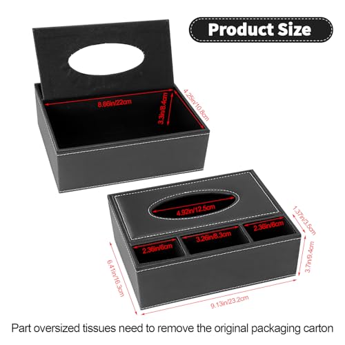 PU Leather Tissue Box Cover, Multifunctional Kleenex Box Covers Rectangular, Desktop Napkin Remote Control Holder, 3 Storage Grids Desk Organizer (Black) by JIABEIUS - Image 2