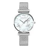 Dragonfly Women Watches,Crystal Diamond Dial,Pearl Texture Big Watch Face,Vacuum Plating Stainless Steel/Genuine Leather Band,Japanese Quartz,Waterproof,Rose Giftable Packing for Women Ladies Girls
