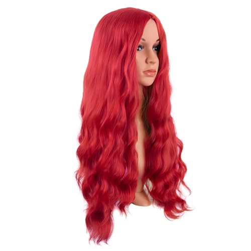 Image of MapofBeauty 28 Inch /70 cm Long Wavy Middle Part with No Bangs Synthetic Fiber Curly Fashion Women Party Cosplay Wig (Bright Red)