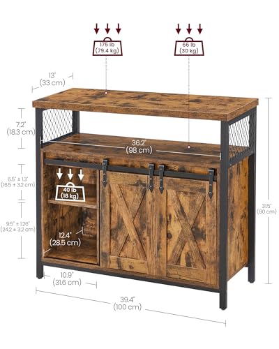 VASAGLE Sideboard, Kitchen Cabinet, Storage Cupboard, with 2 Sliding Barn Doors, 33 x 100 x 80 cm, Adjustable Shelves, for Living Room, Rustic Brown and Ink Black LSC092B01 - Image 4