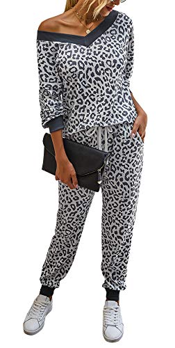 BTFBM Women Leopard Print Tie Dye 2 Piece Pajamas V-Neck Long Sleeve Drawstring Pants Pockets PJ Set Lounge Sleepwear (Dark Grey, Small)