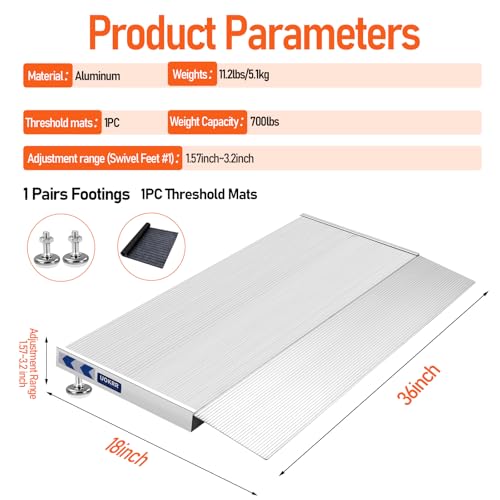 UOKRR Aluminum Threshold Ramp for Wheelchairs, 1.6-3.2\" Rise Door Ramps for Doorways, 18‘’ Portable Self Supporting Entry Handicap Ramp with a Non-Slip Thick Door Mat - Thumbnail 6