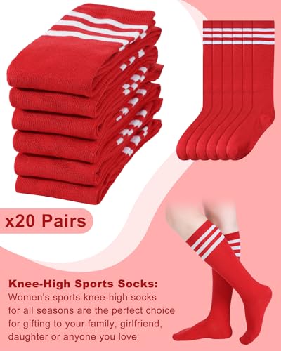 Chuarry 20 Pairs Red Knee High Socks for Women Classic Stripe Tube Outdoor Casual Athletic Socks Bulk for Cheerleading Activities Sport Spirit Event Wear2