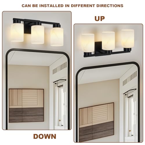 Image of 3-Light Bathroom Light Fixtures, Modern Vanity Lights, Black Metal Wall Lamp with Handcrafted Art Glass for Bathroom, Mirror, Living Room, Bedroom, Cabinet, Porch, Hallway, E26 Base