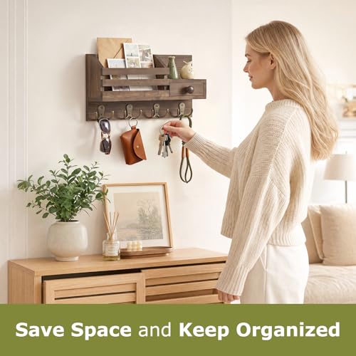 Image of Key Holder Wall Mount, Wooden Adhesive Mail and Key Organizer with Drawer, Small Shelf, 8 Hooks, 2 Installation Methods, Brown
