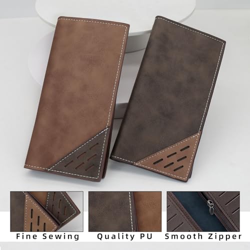 Long Wallet for Men, Contrasting Bifold Wallets with 12 Card Slots, 2 Cash Slots, ID Window and Zippered Coin Pocket, Credit Card Wallet for Suits and Daily Use (Deep Coffee)3