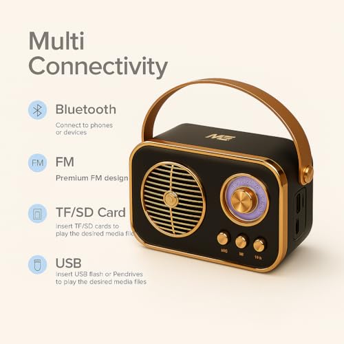 Image of MZ M209 Portable Bluetooth Speaker with Dynamic Bass, Retro Radio Design, Black and Gold
