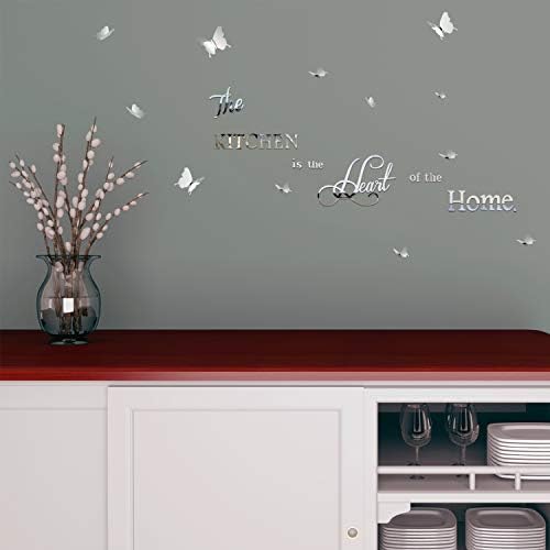 DIY Mirror The Kitchen Wall Stickers with 12 Pieces 3D Butterfly Removable Mural Stickers for Kitchen Dining Room Wall Decal (Silver)