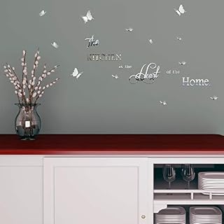 DIY Mirror The Kitchen Wall Stickers with 12 Pieces 3D Butterfly Removable Mural Stickers for Kitchen Dining Room Wall Decal (Silver)