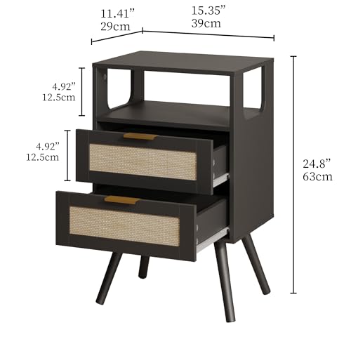 Image of JOONEE Rattan Nightstand,Farmhouse Bedside Table with 2 Storage Drawer and Open Wood Shelf, for Bedroom and Small Spaces,Night Stand with Solid Wood Legs (Black)