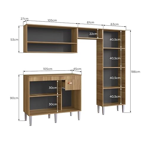 Encontraproduto.com.br - Kit Conjunto Cozinha Completa 4 Peças 7 Portas Balcão Armário Paneleiro Aéreos Marrom Madeira Preto