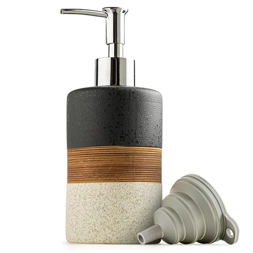 Image of Ceramic Dish Soap Dispenser for Kitchen, Hand Soap Dispenser | Bathroom Soap Dispenser Set with Silicone Funnel, Stainless Steel Pump | Shampoo and Conditioner Dispenser, 12 Oz Black