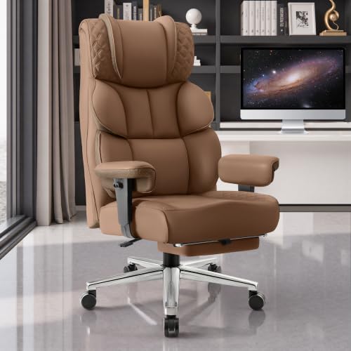 Image of BestGlory Office Desk Chair, Big and Tall Leather Gaming Chair with Footrest, Ergonomic Comfy Executive High-Back Reclining Computer Chairs, Wide Swivel Rolling Wheels and Padded Lumbar Support, Khaki