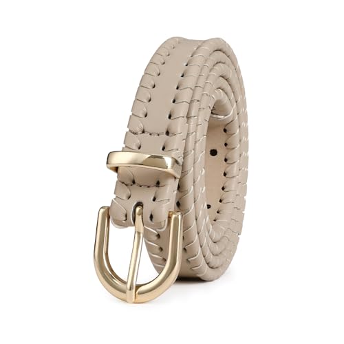 Women's Leather Braided Woven Belt Chic Beige with Gold Buckle Casual Belt for Pants Jeans2
