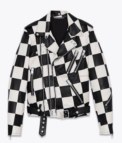 Men’s Classic Moto Biker Checkerboard Leather Jacket4