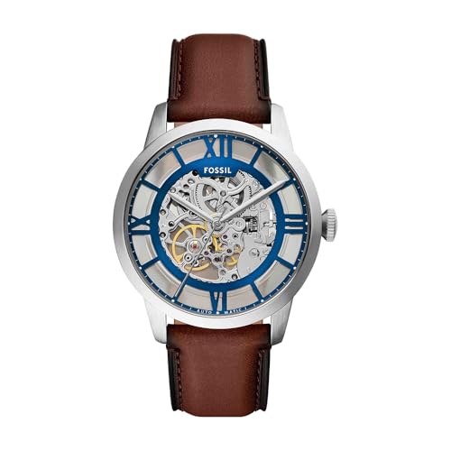 FOSSIL Townsman Watch for Men, Automatic Three Hand Movement with Stainless Steel Or Leather Strap, Bleu et Marron, 44 mm