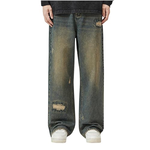 Cambkatl Men's Drawstring Straight Leg Jeans Stretch Ealstic High Waisted Loose Baggy Denim Pants with Pockets