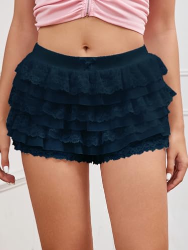Image of Women Y2K Lace Multi-Layered Bloomers Lolita Ruffle Shorts Cute Mini Skirt | Tiered layers, elastic waist, pumpkin pants, for rave party /country concert /festival